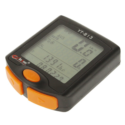 LCD bicycle speedometer YT-813 in black with orange buttons, angled view