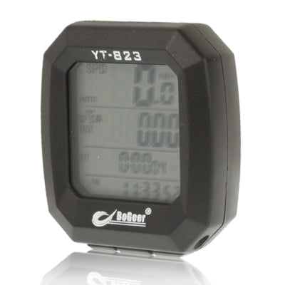 LCD bicycle speedometer with YT-823 screen and dark octagonal housing, front view