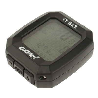 LCD bicycle speedometer with YT-823 label on dark casing, angled front view
