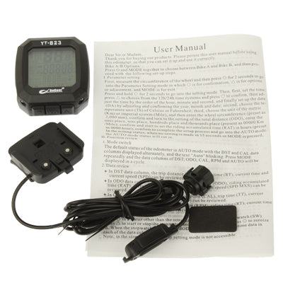 LCD bicycle speedometer kit with user manual, mount, and bundled wiring
