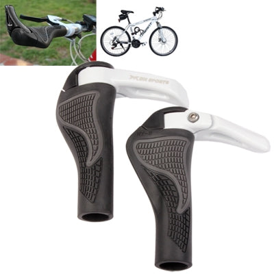 Ergonomic bicycle handlebar grips, black textured rubber with white end caps, pair