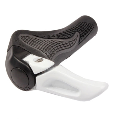 Ergonomic handlebar grip, black textured rubber with white clamp piece, single