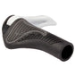 Ergonomic handlebar grip end with black textured rubber and white handlebar mount