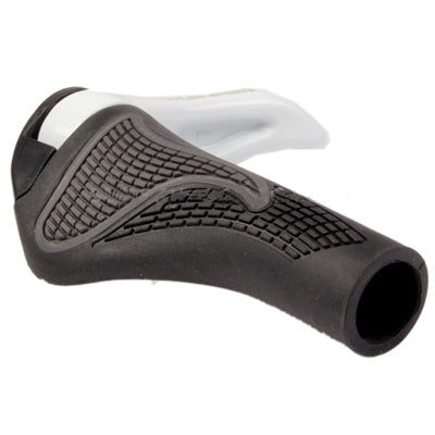 Ergonomic handlebar grip end with black textured rubber and white handlebar mount