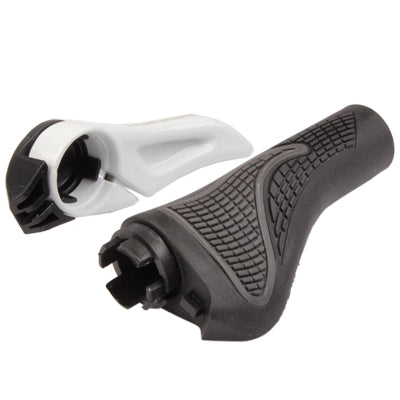Ergonomic bicycle handlebar grips with black textured rubber and white housings, pair