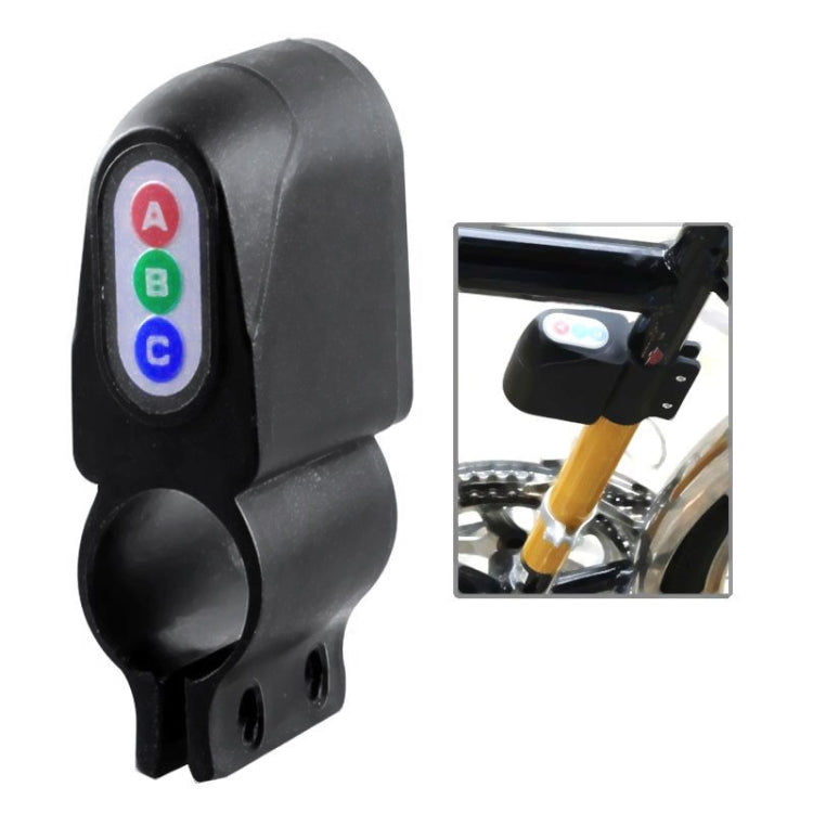 Black motion-sensor bicycle security alarm with A/B/C indicator buttons and mount bracket