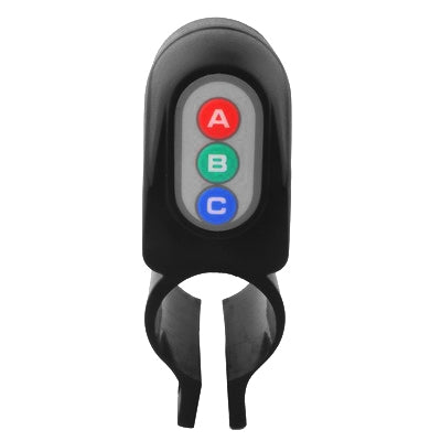 Black bicycle security alarm sensor with A, B, C LED button panel and fork mount clips