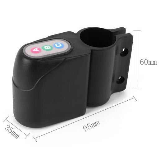 Black motion sensor alarm for bike, front control panel, size marked 95mm x 60mm
