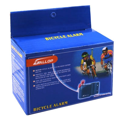 Bicycle alarm retail box with rider graphics and brand name GALLLOP visible