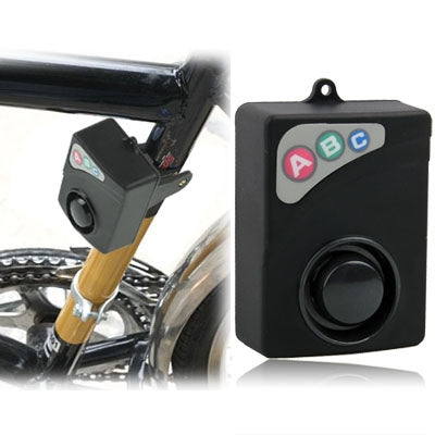 Bicycle alarm sensor mounted on handlebar, black housing with round speaker opening