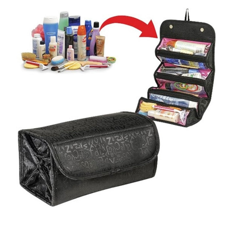 Black hanging makeup organizer bag with layered fold-out pockets