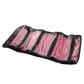 Black cosmetic organizer pouch with pink interior and elastic divider pockets