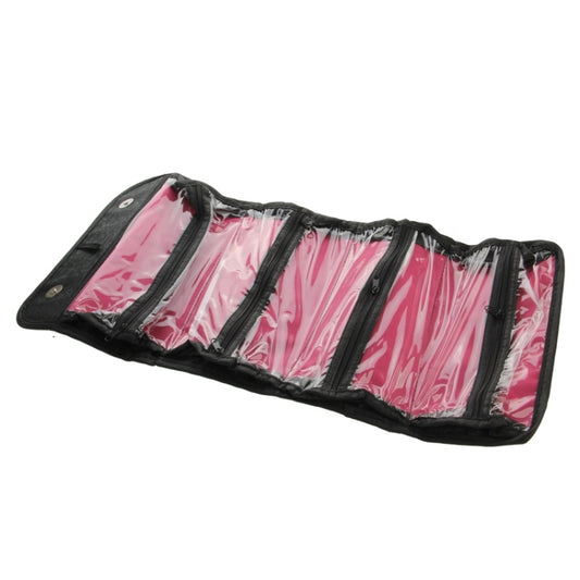 Black cosmetic organizer pouch with pink interior and elastic divider pockets