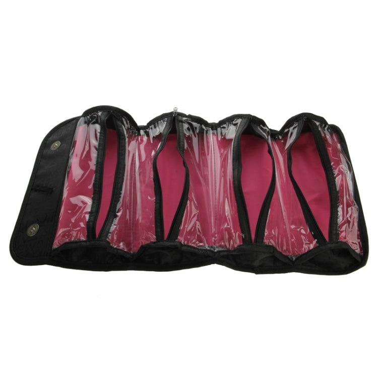 Black foldable organizer pouch with pink lining and five elastic holder sections
