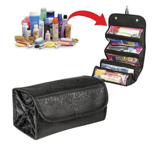 Black hanging cosmetic organizer bag with multiple zip pockets