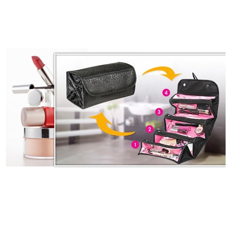 Black hanging makeup organizer bag with fold-out pockets and numbered storage arrows