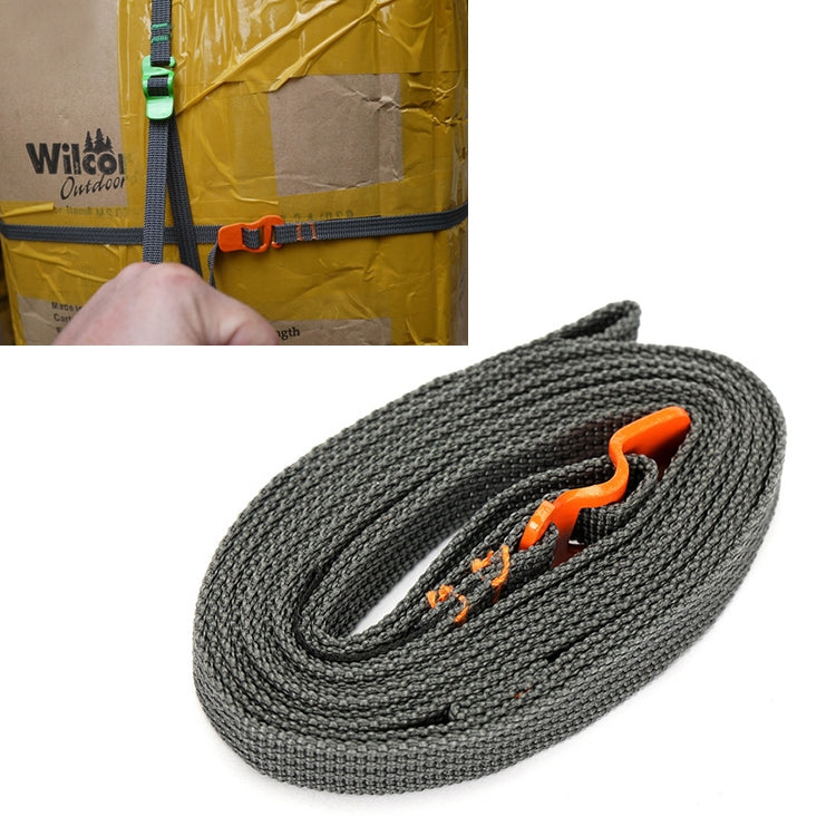 Dark gray packing rope strap with orange quick-release buckle and tie tab