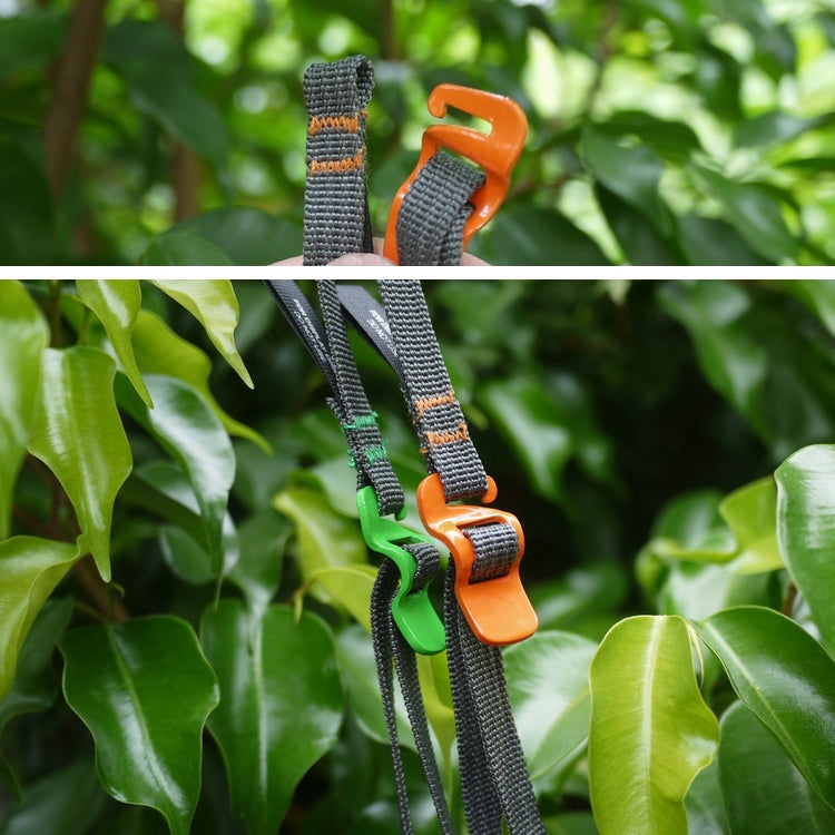 Dark gray packing rope strap with orange quick-release buckle and green accent hook