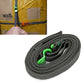 Dark gray packing rope strap with green quick-release buckle and green tie tab