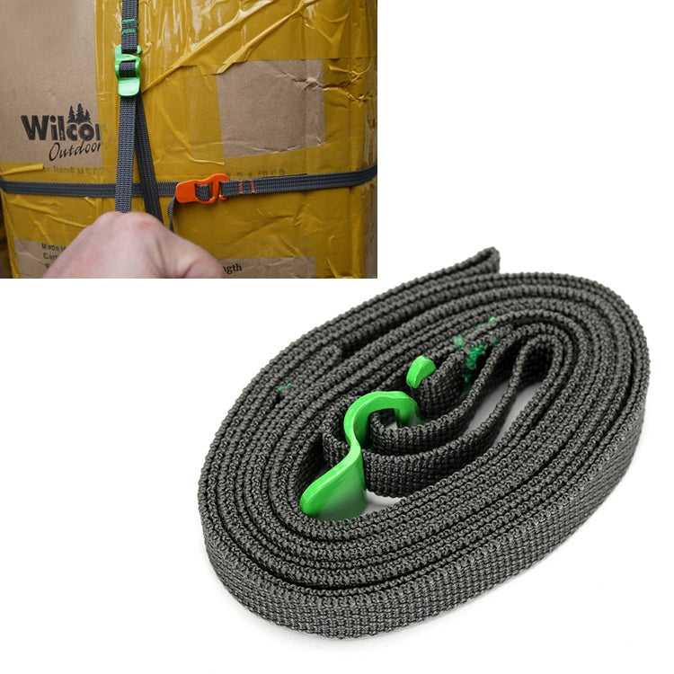 Dark gray packing rope strap with green quick-release buckle and green tie tab