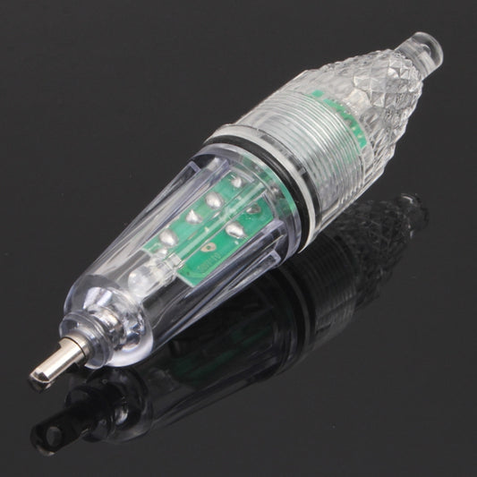 Underwater LED fish lamp with clear ribbed tube, green circuit board, and metal plug