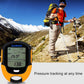 Orange and black handheld LCD digital altimeter with compass, visible screen