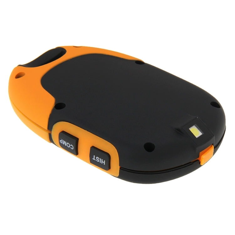 Orange and black multifunction digital altimeter underside with screw points and port cover