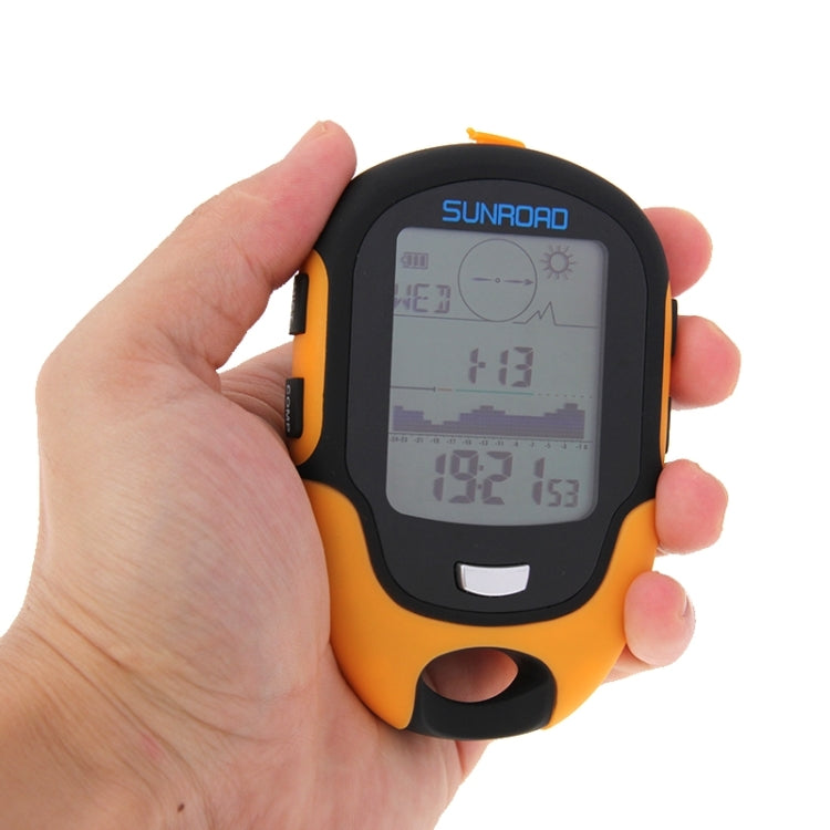 Handheld orange and black multifunction digital altimeter with LCD time readings