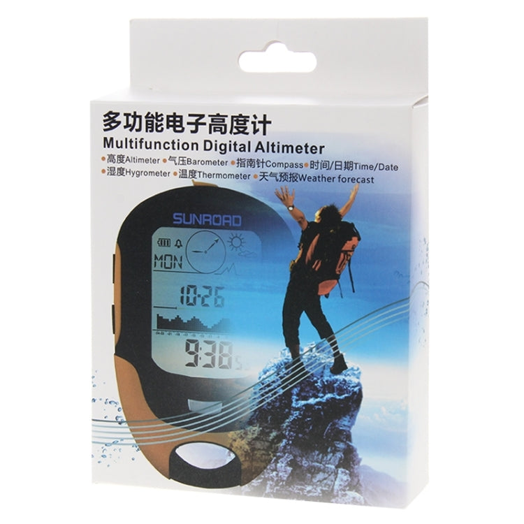Multifunction digital altimeter retail box with product image and specifications