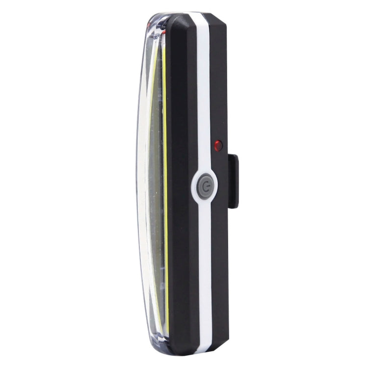USB rechargeable bicycle LED taillight, side view with clear light bar and round button