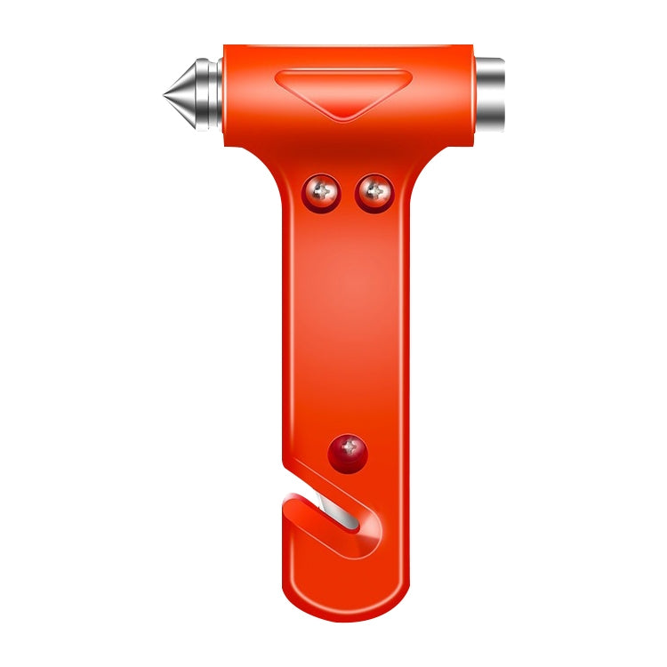 Orange emergency escape hammer with pointed metal tip and lanyard hole base