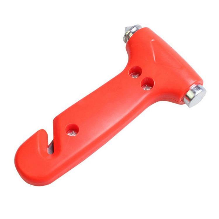 Orange handheld emergency escape hammer with side cutting hook and metal end caps