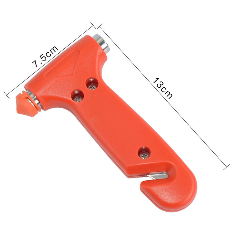Orange emergency escape hammer tool with pointed metal tip and side release slot