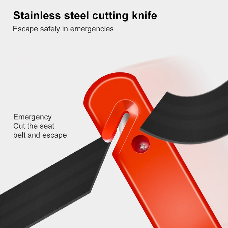 Orange emergency escape hammer pressing into a seatbelt with cutting loop