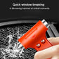 Orange emergency escape hammer with pointed head beside cracked window glass