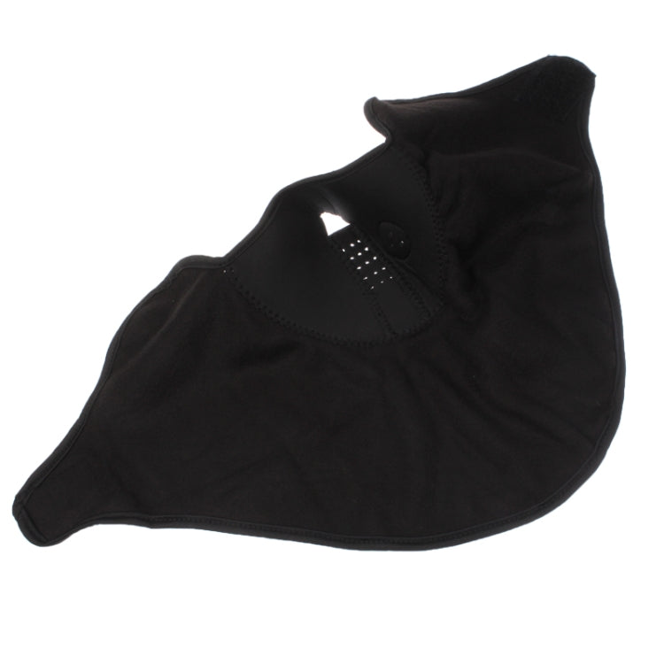 Black half-face mask, close-up of front panel and seam detail