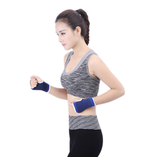 Protective palm sports compression sleeve on arm, blue knit with white edging.