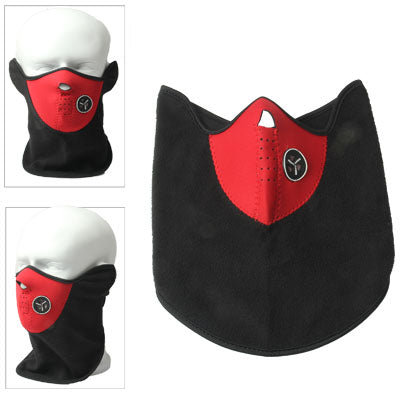 Black and red face mask with nose panel and round valve filter detail