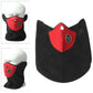 Black face mask with red front insert and circular valve filter on panel
