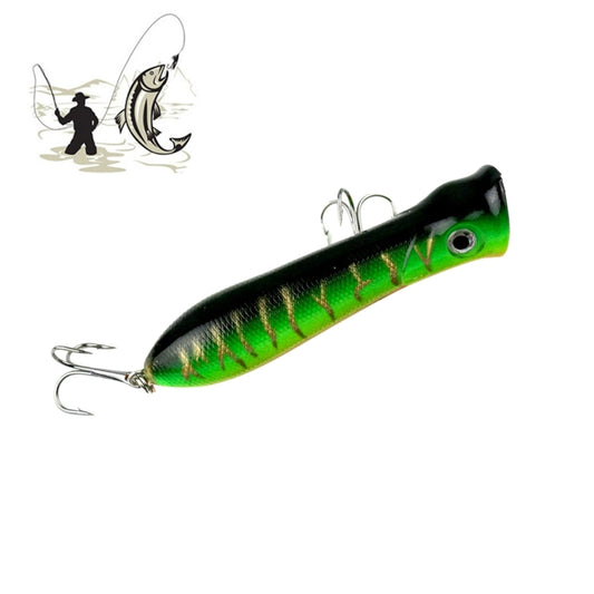 Surface fishing popper lure, green and black with silver scales and treble hooks.