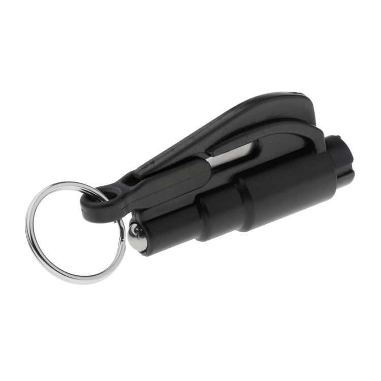 2-in-1 car emergency hammer keychain tool, black with loop key ring and built-in blade