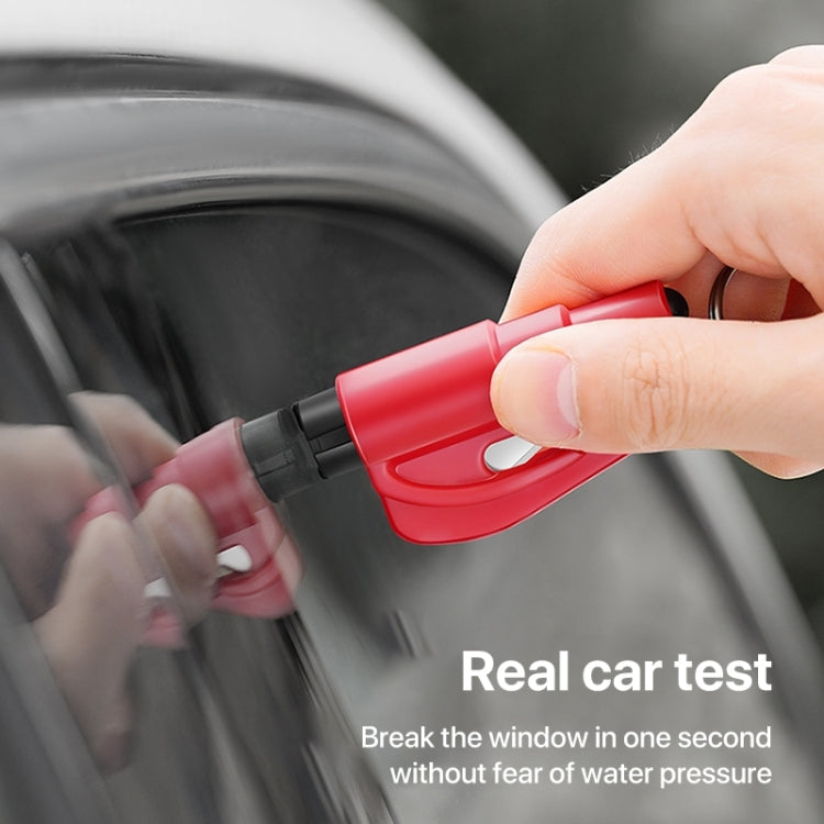 2-in-1 car emergency hammer keychain tool, red, handheld near car window