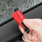 2-in-1 car emergency hammer keychain tool, red, held against shattered car glass