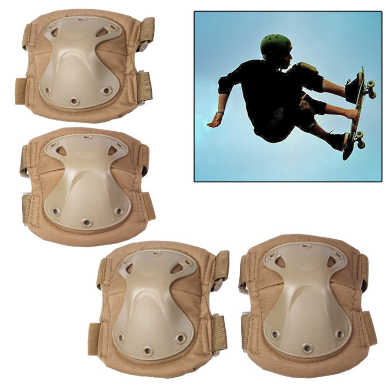 Knee and elbow pads set in tan with molded beige guards and adjustable straps.
