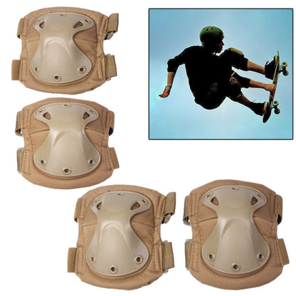 Knee and elbow pads set in tan with molded beige guards and adjustable straps.