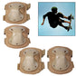 Front view of knee and elbow pads set with molded beige shells and tan fabric straps.