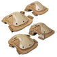 Knee and elbow pads set with molded beige shells and tan straps, angled view.