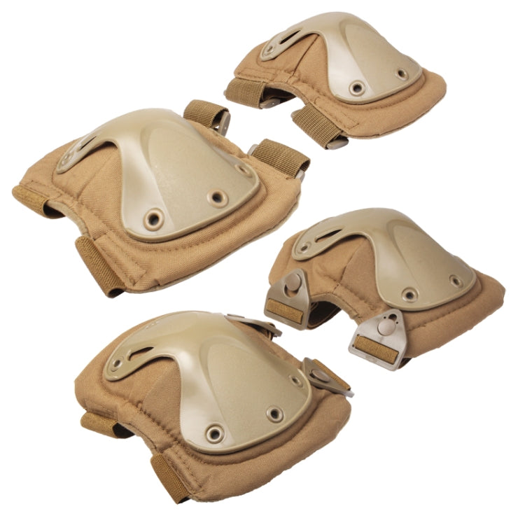 Knee and elbow pads set with molded beige shells and tan straps, angled view.