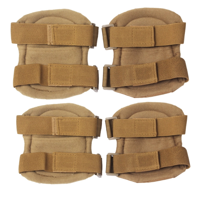 Knee and elbow pads set showing padded backs and adjustable tan hook-and-loop straps.