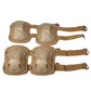 Knee and elbow pads set with four molded beige guards and long tan fastening straps.